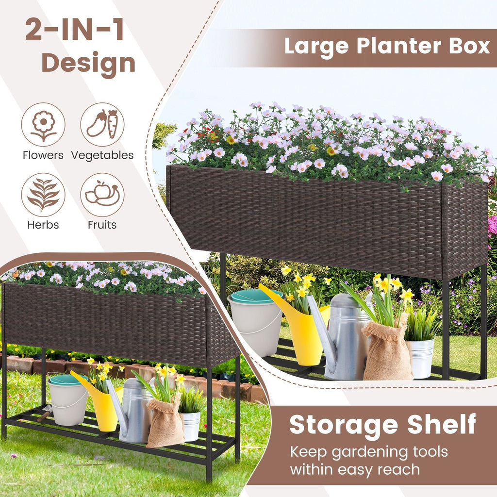 Wicker Raised Garden Bed with Storage Shelf and Drainage Gaps for Flowers - Cheeky Garden