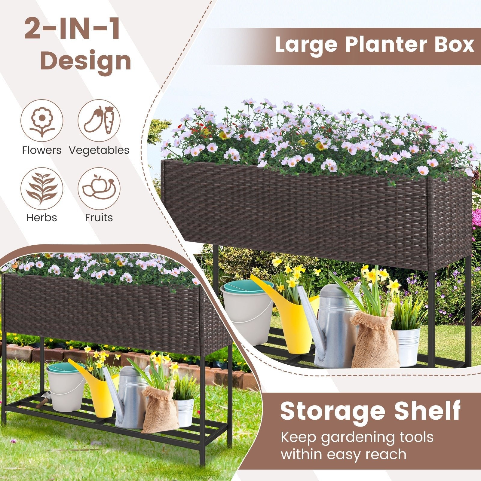 Wicker Raised Garden Bed with Storage Shelf and Drainage Gaps for Flowers - Cheeky Garden