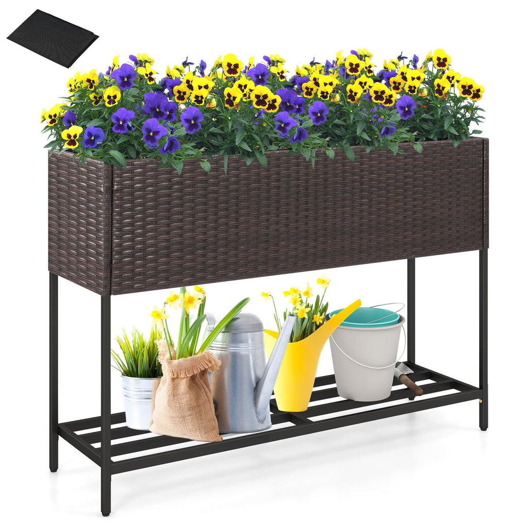 Wicker Raised Garden Bed with Storage Shelf and Drainage Gaps for Flowers - Cheeky Garden