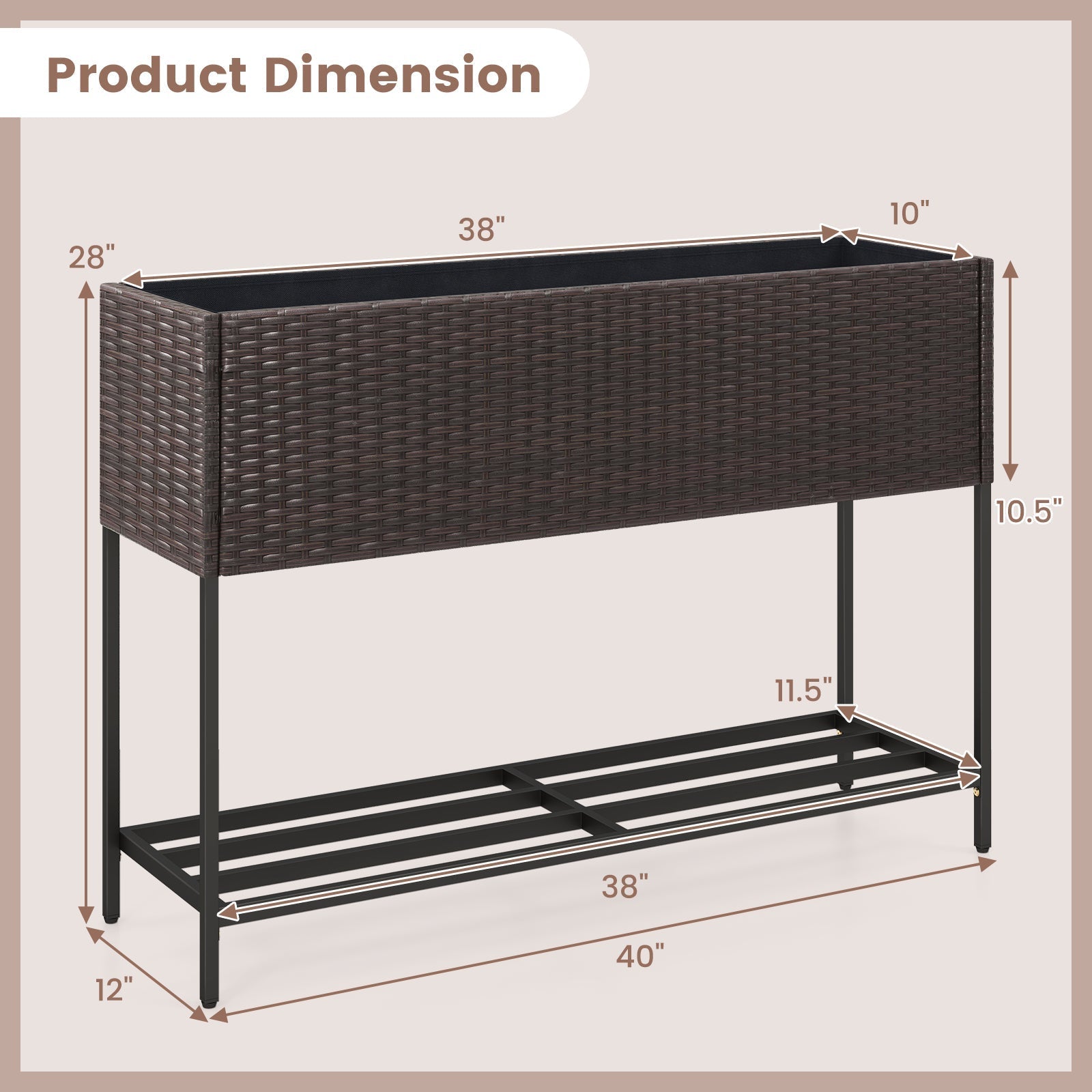 Wicker Raised Garden Bed with Storage Shelf and Drainage Gaps for Flowers - Cheeky Garden