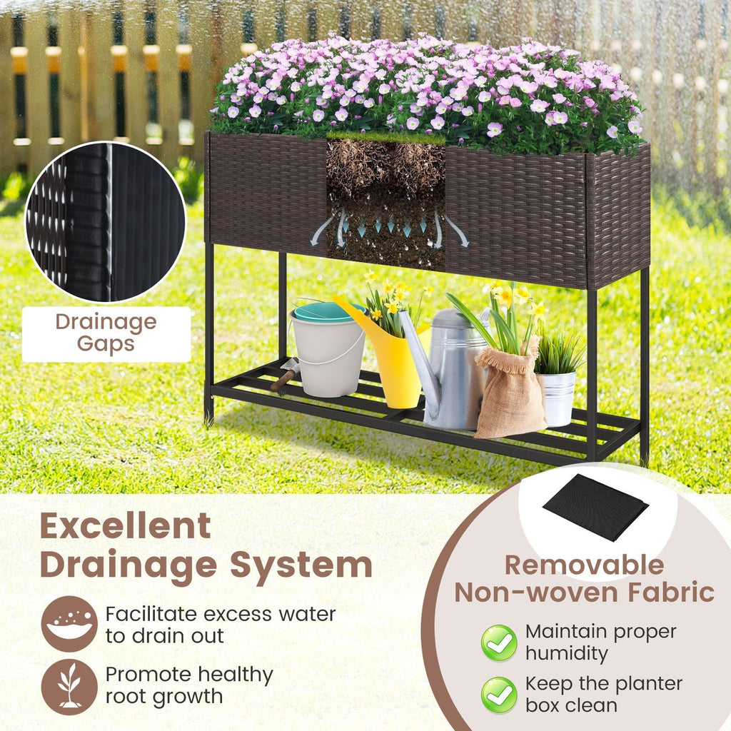 Wicker Raised Garden Bed with Storage Shelf and Drainage Gaps for Flowers - Cheeky Garden
