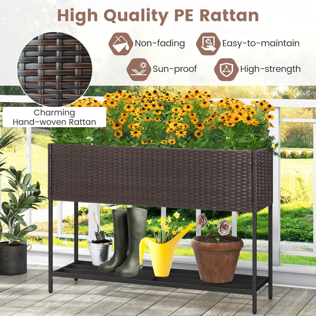 Wicker Raised Garden Bed with Storage Shelf and Drainage Gaps for Flowers - Cheeky Garden