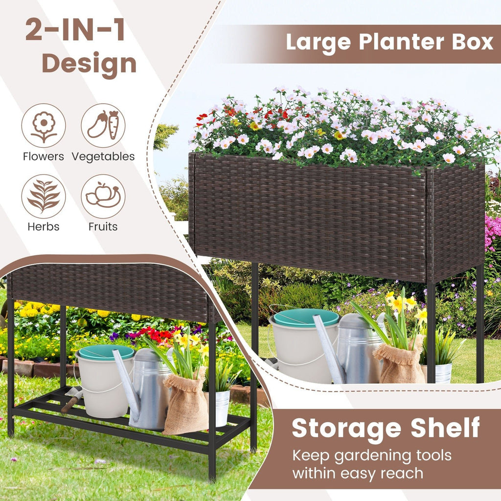 Wicker Raised Garden Bed with Storage Shelf and Removable Liner for Flowers - Cheeky Garden