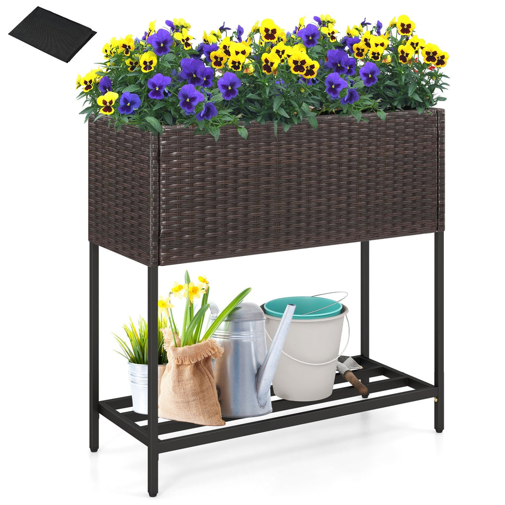 Wicker Raised Garden Bed with Storage Shelf and Removable Liner for Flowers - Cheeky Garden