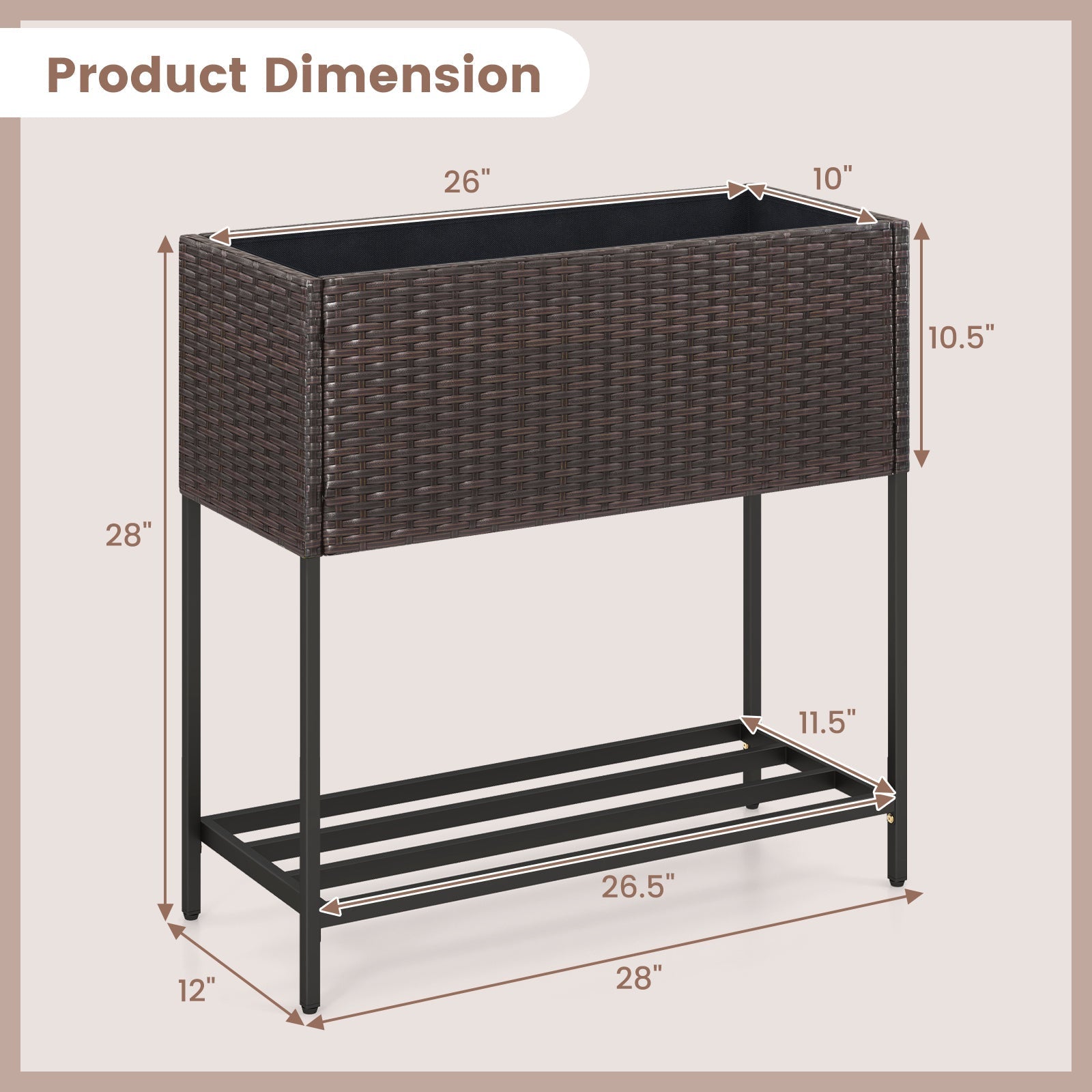 Wicker Raised Garden Bed with Storage Shelf and Removable Liner for Flowers - Cheeky Garden