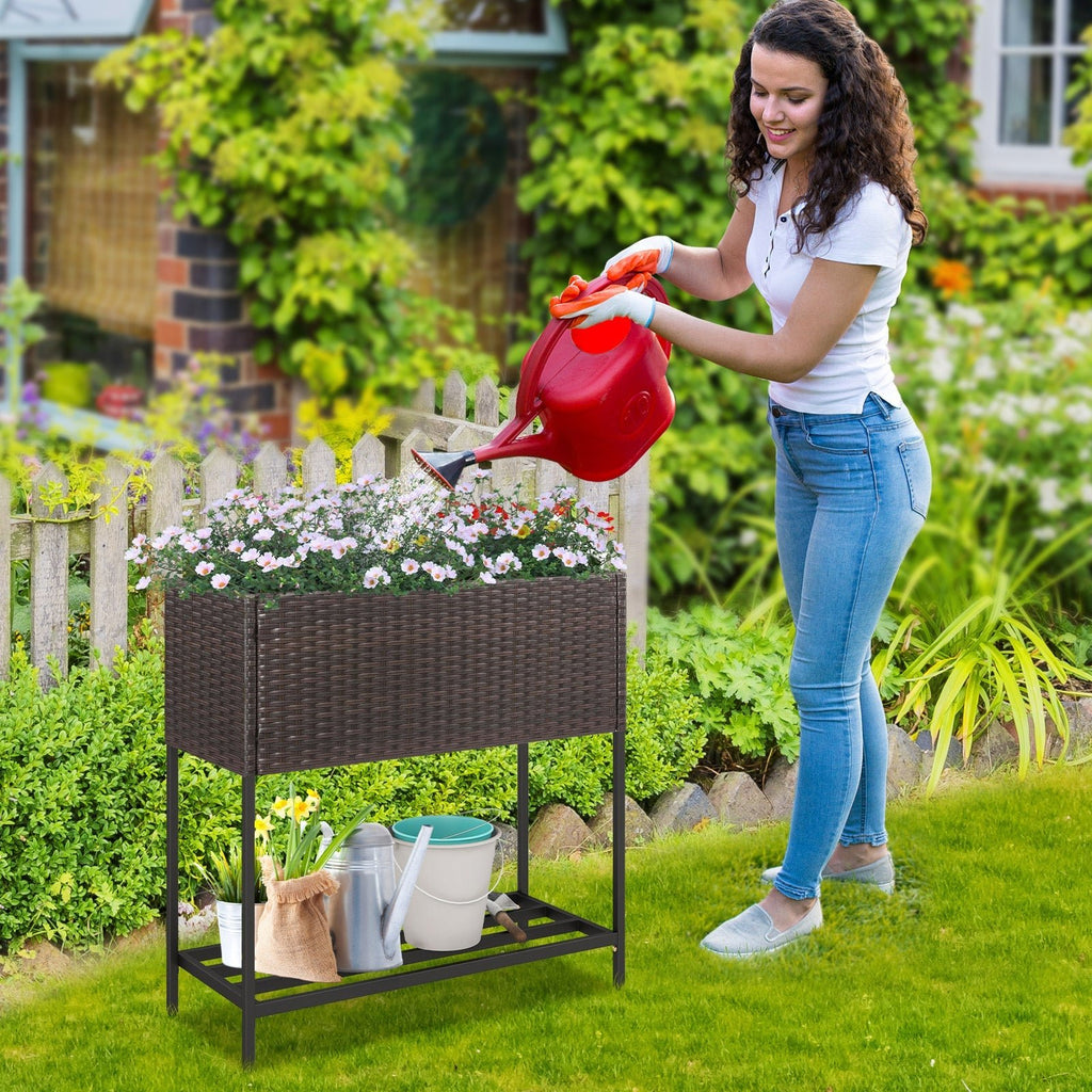 Wicker Raised Garden Bed with Storage Shelf and Removable Liner for Flowers - Cheeky Garden
