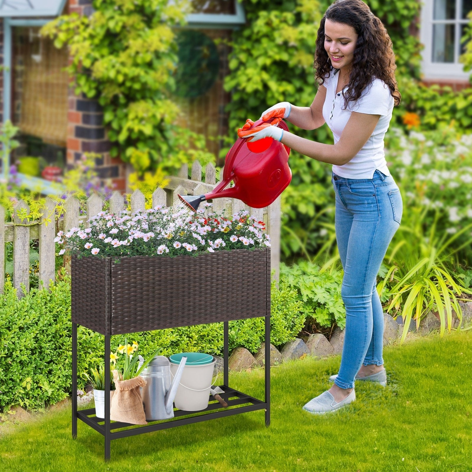 Wicker Raised Garden Bed with Storage Shelf and Removable Liner for Flowers - Cheeky Garden