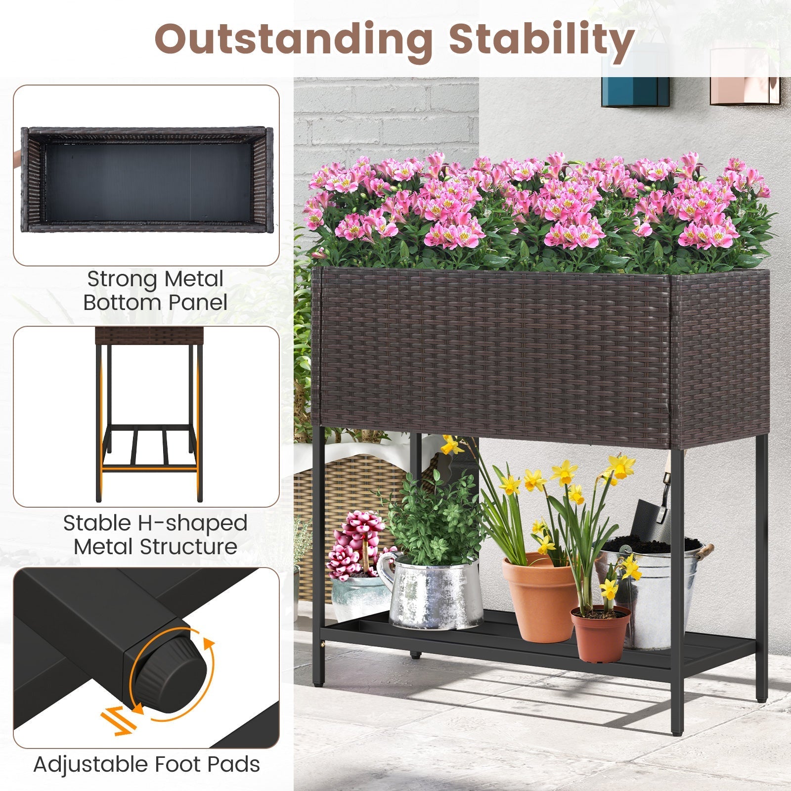 Wicker Raised Garden Bed with Storage Shelf and Removable Liner for Flowers - Cheeky Garden