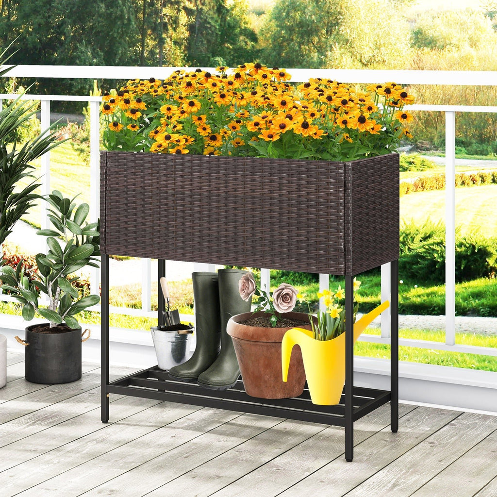 Wicker Raised Garden Bed with Storage Shelf and Removable Liner for Flowers - Cheeky Garden