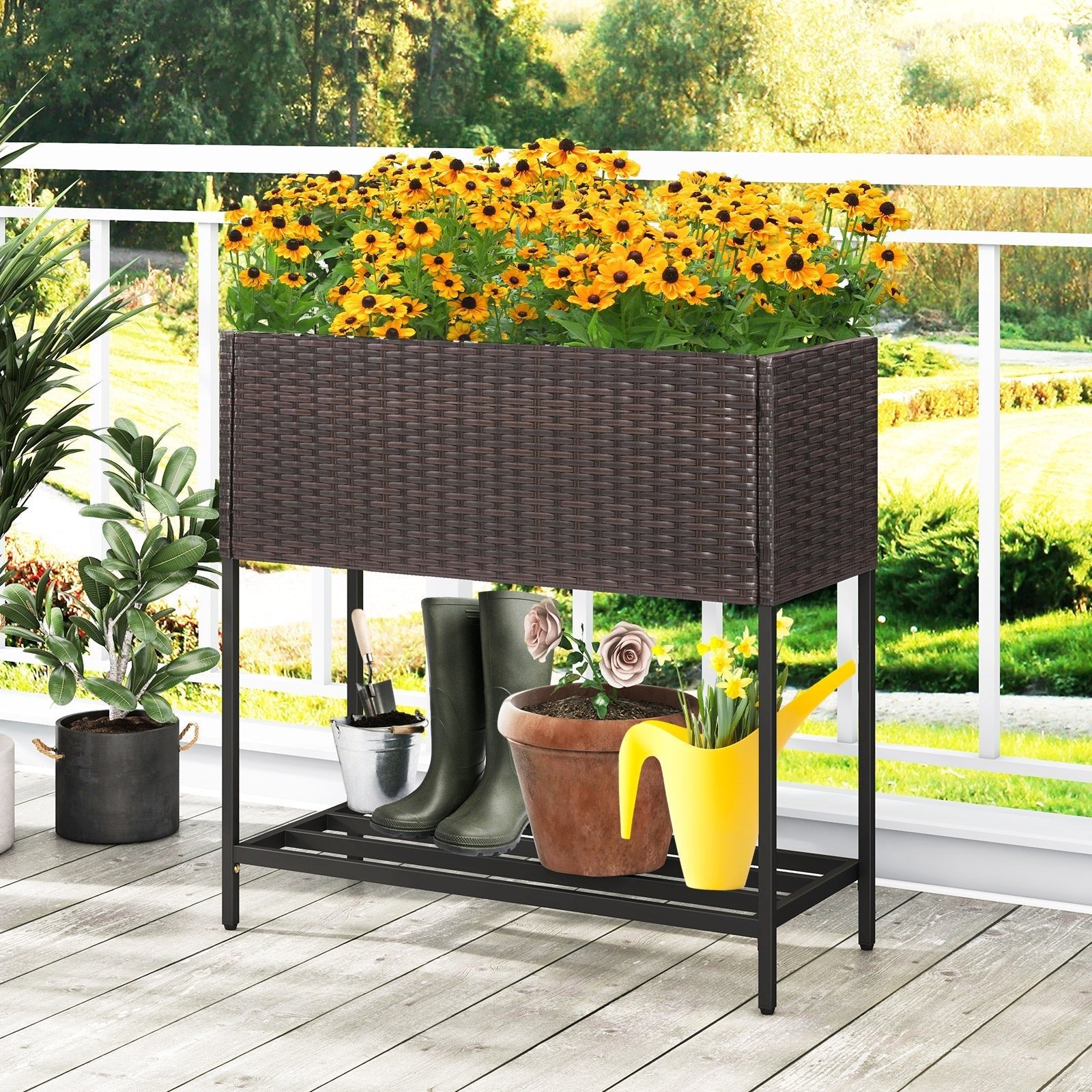 Wicker Raised Garden Bed with Storage Shelf and Removable Liner for Flowers - Cheeky Garden