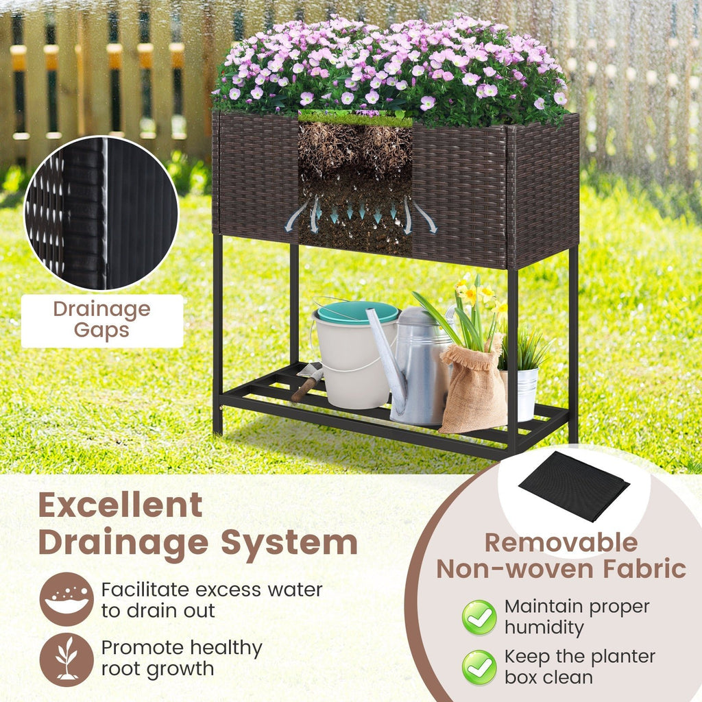 Wicker Raised Garden Bed with Storage Shelf and Removable Liner for Flowers - Cheeky Garden