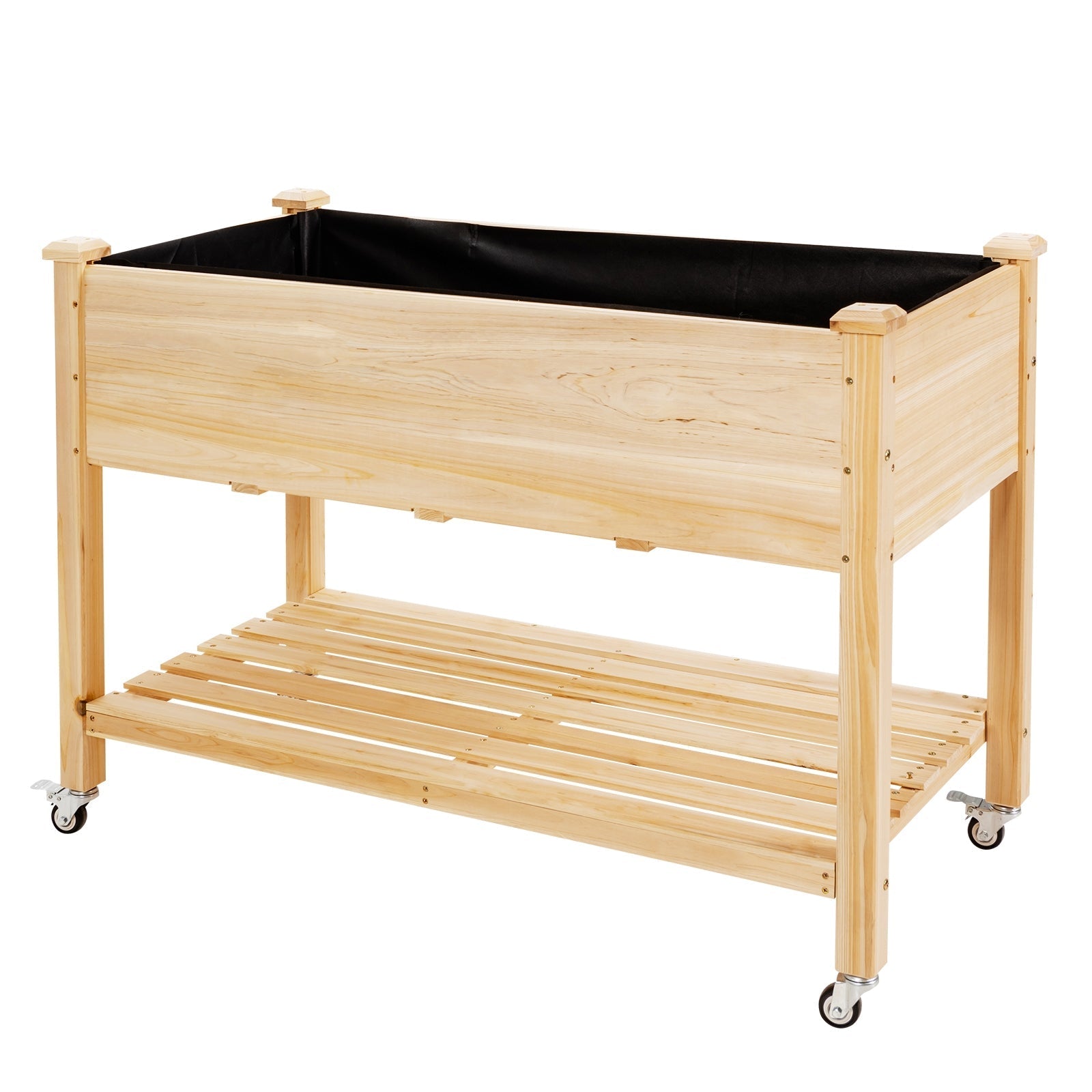 Wood Elevated Planter Bed with Lockable Wheels Shelf and Liner - Cheeky Garden