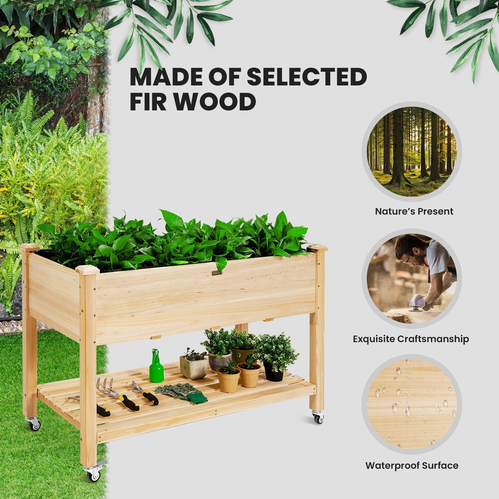 Wood Elevated Planter Bed with Lockable Wheels Shelf and Liner - Cheeky Garden