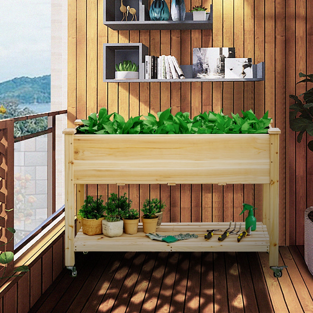 Wood Elevated Planter Bed with Lockable Wheels Shelf and Liner - Cheeky Garden