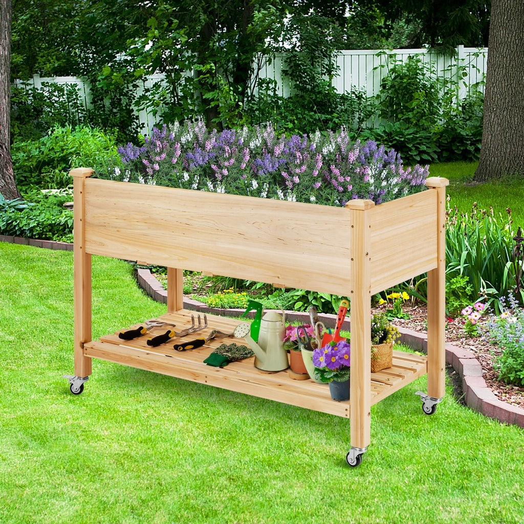 Wood Elevated Planter Bed with Lockable Wheels Shelf and Liner - Cheeky Garden