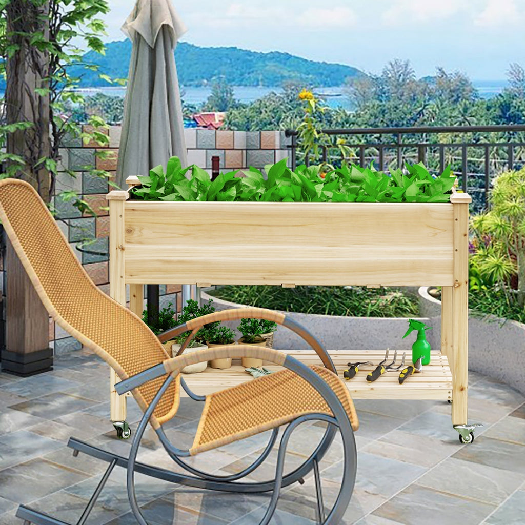 Wood Elevated Planter Bed with Lockable Wheels Shelf and Liner - Cheeky Garden