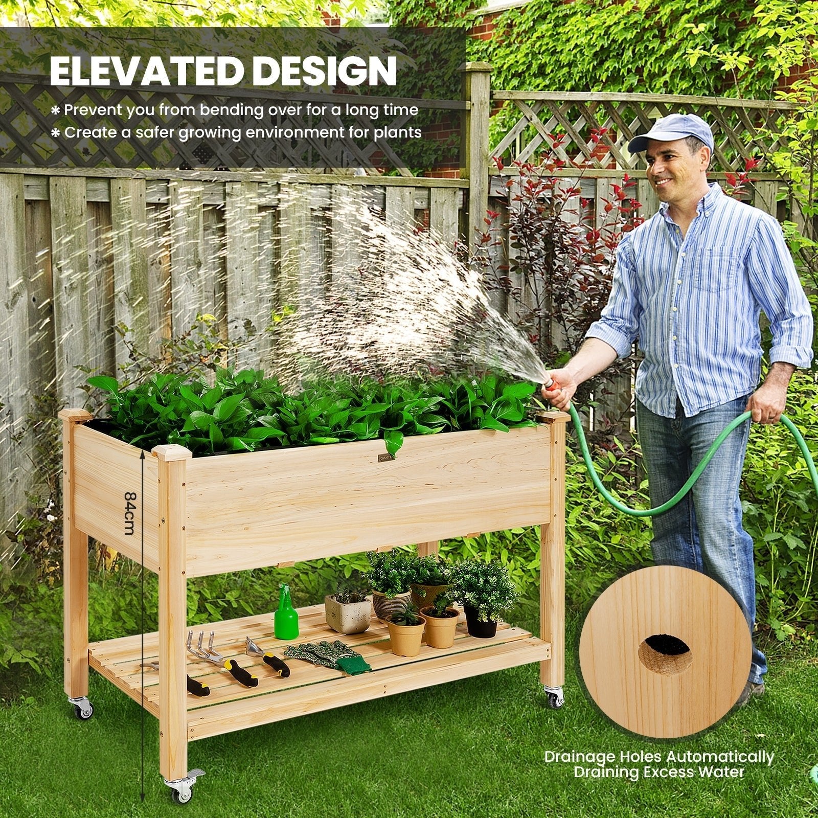 Wood Elevated Planter Bed with Lockable Wheels Shelf and Liner - Cheeky Garden