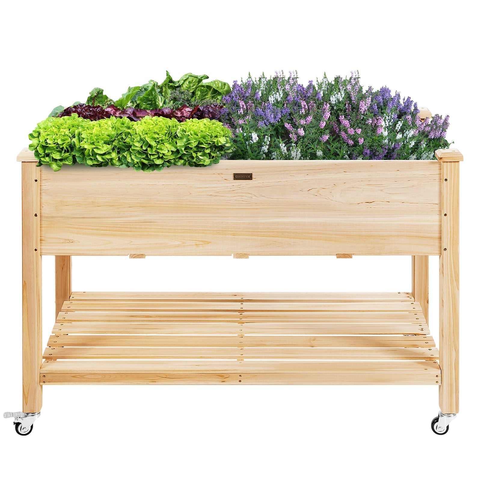 Wood Elevated Planter Bed with Lockable Wheels Shelf and Liner - Cheeky Garden