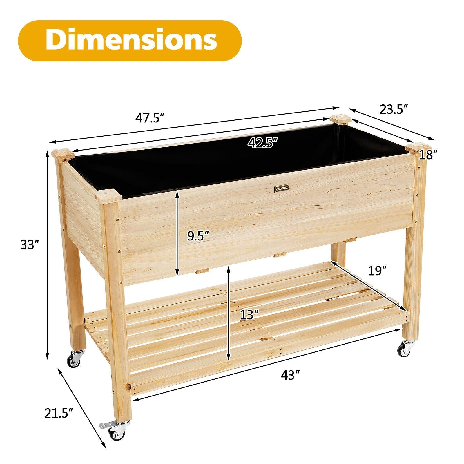 Wood Elevated Planter Bed with Lockable Wheels Shelf and Liner - Cheeky Garden