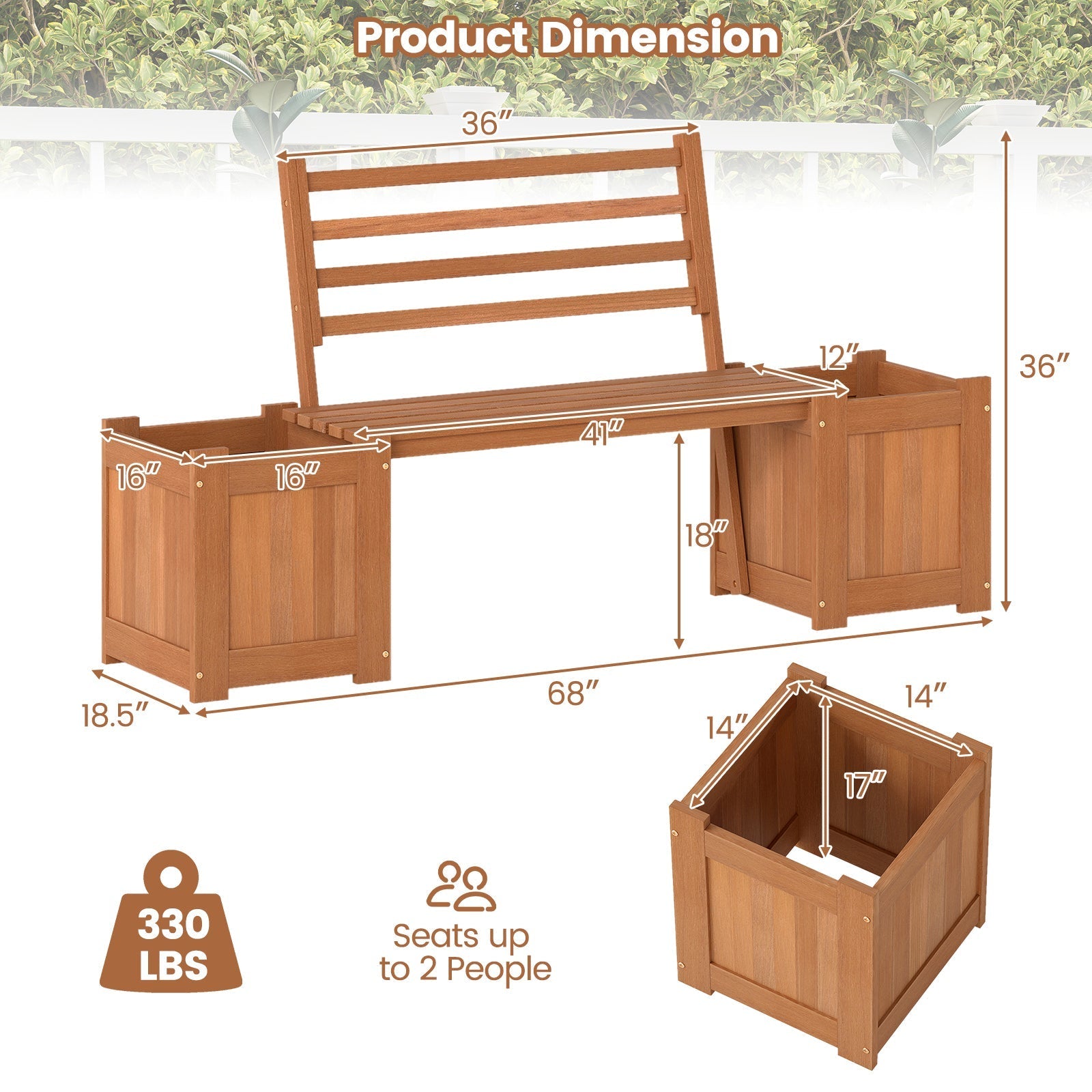 Wood Planter Box with Bench and Backrest for Garden Yard Balcony - Cheeky Garden