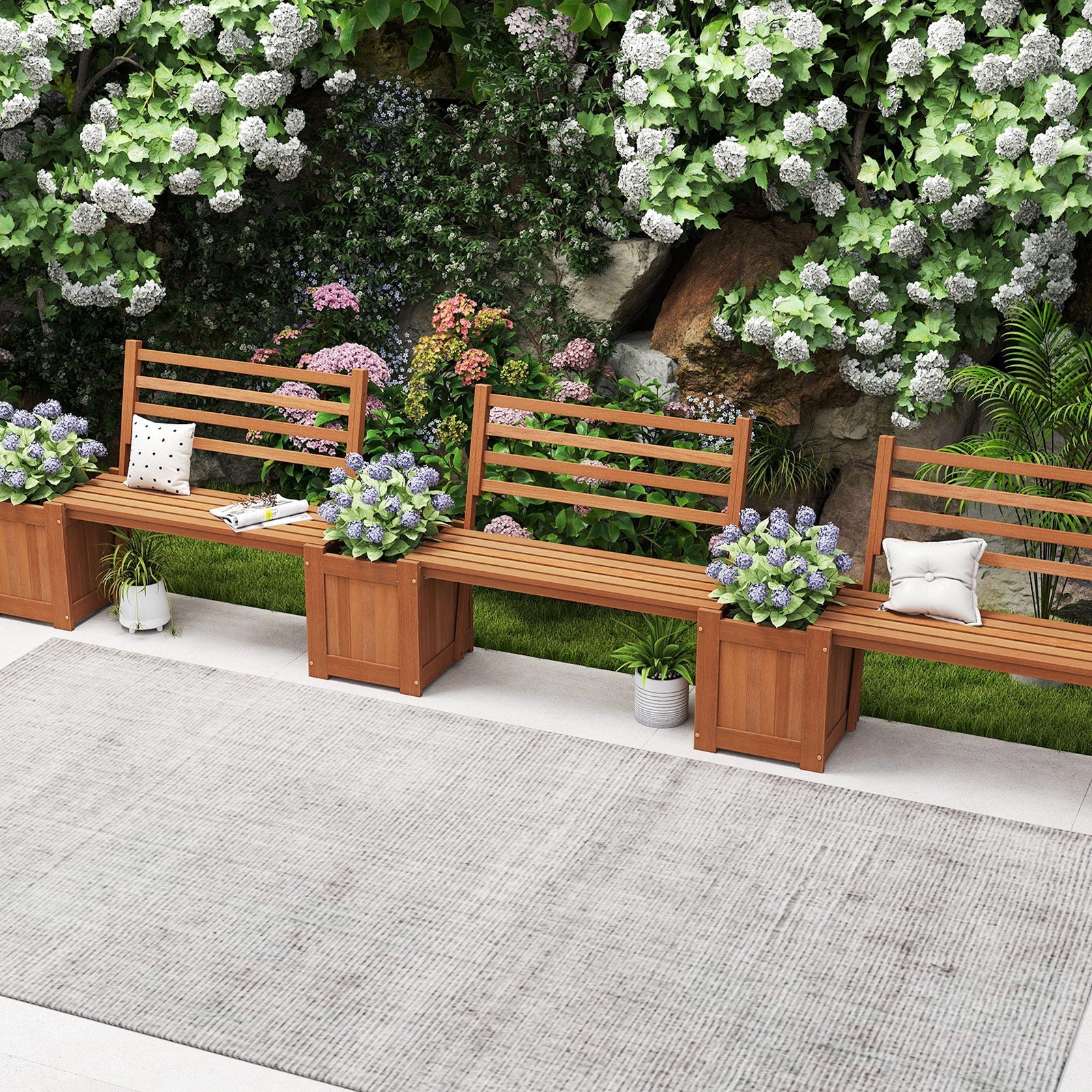 Wood Planter Box with Bench and Backrest for Garden Yard Balcony - Cheeky Garden
