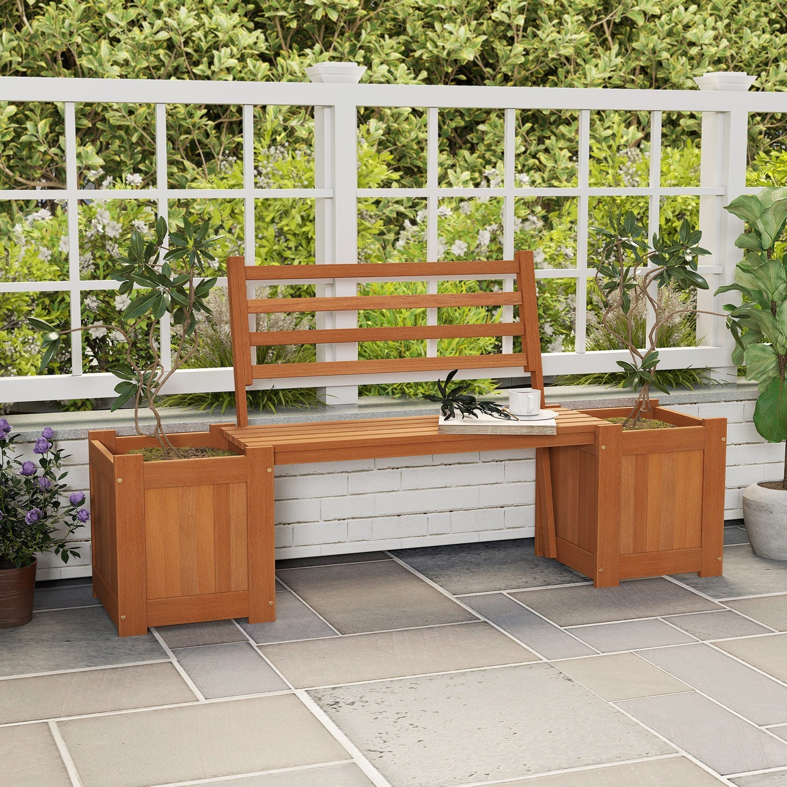 Wood Planter Box with Bench and Backrest for Garden Yard Balcony - Cheeky Garden