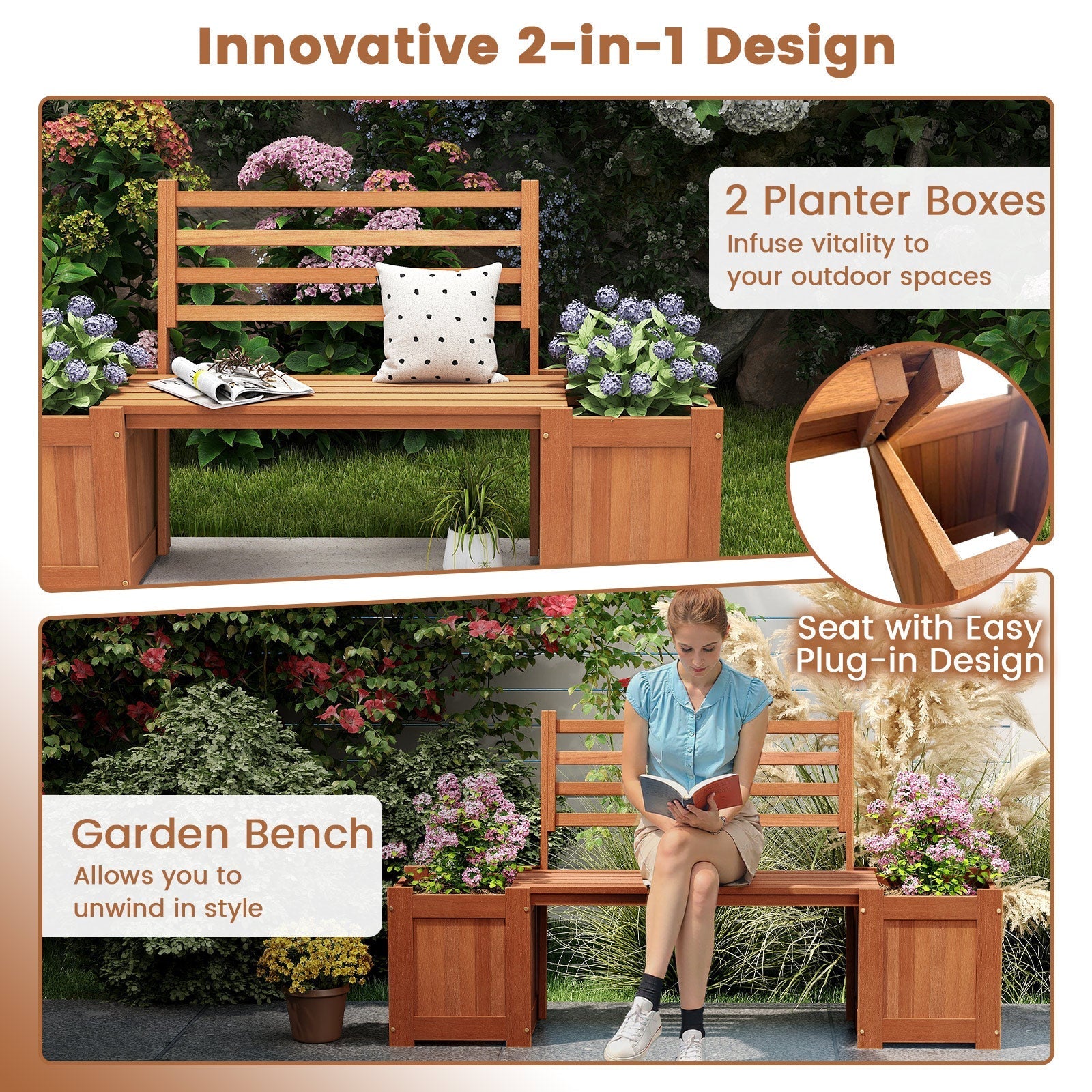 Wood Planter Box with Bench and Backrest for Garden Yard Balcony - Cheeky Garden