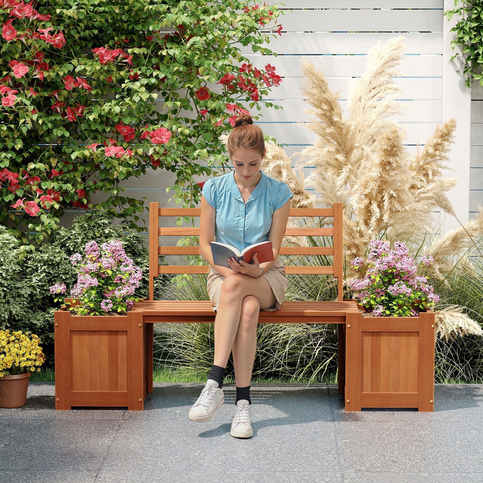 Wood Planter Box with Bench and Backrest for Garden Yard Balcony - Cheeky Garden