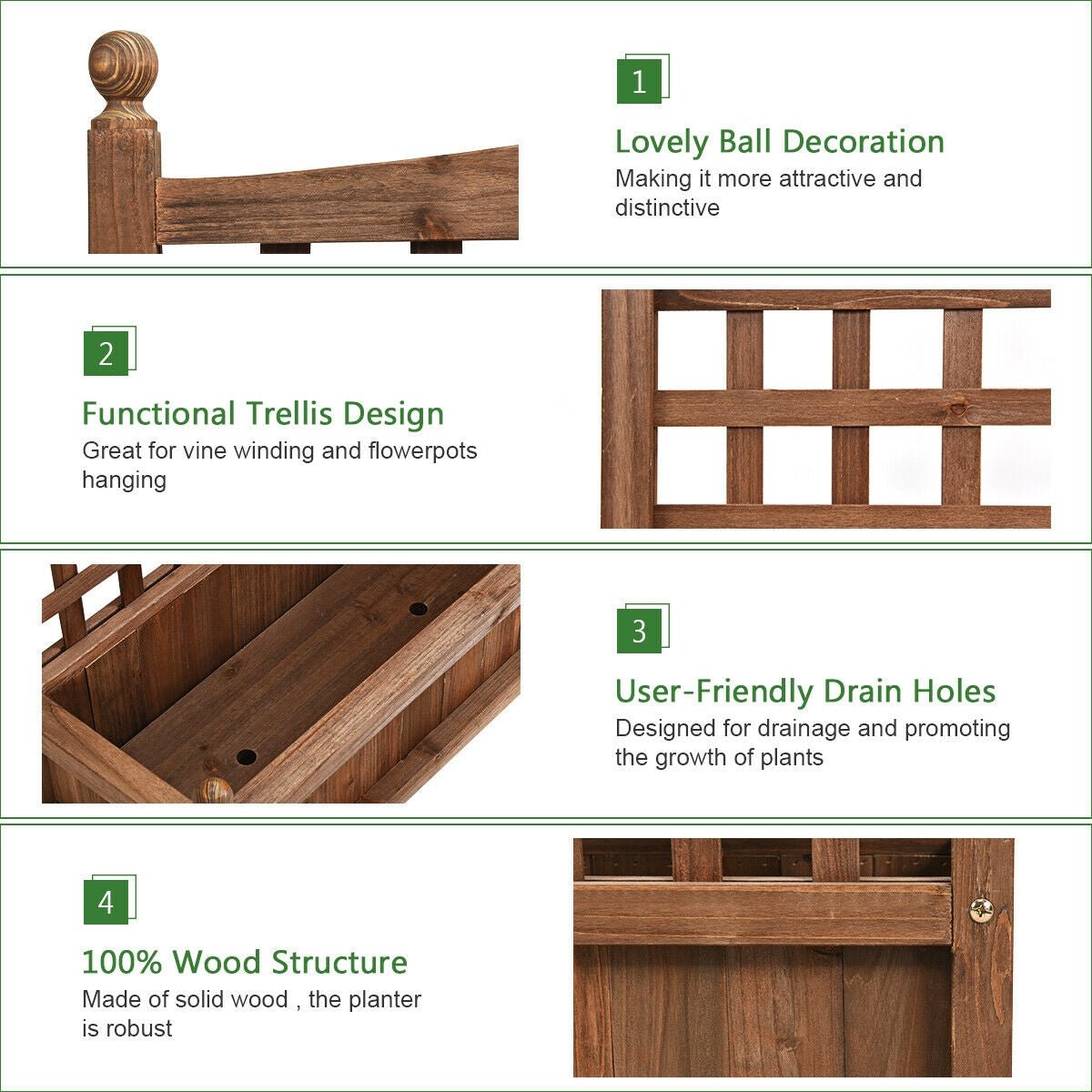 Wood Planter Box with Trellis Weather-resistant Outdoor - Cheeky Garden