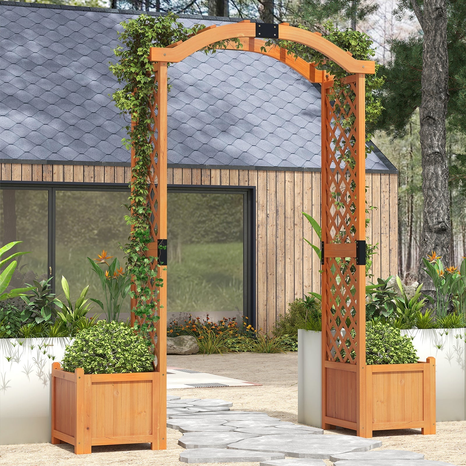 Wooden Garden Arbor with Planter and Trellis for Climbing Plants Decorations - Cheeky Garden