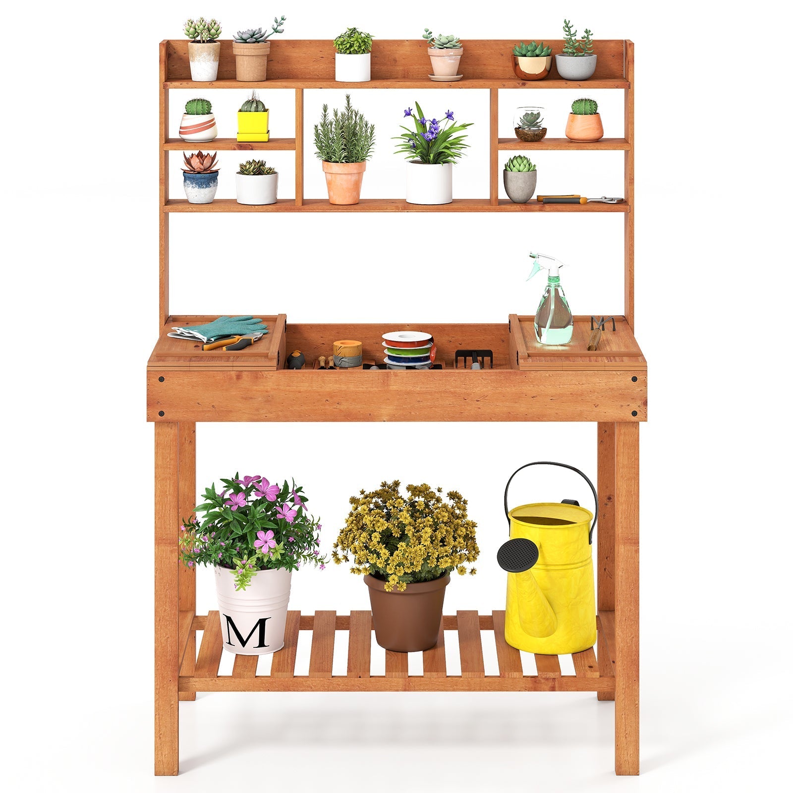 Wooden Potting Bench Table 61" Garden Planting Workstation with 3-Tier Open Shelf-Brown - Cheeky Garden