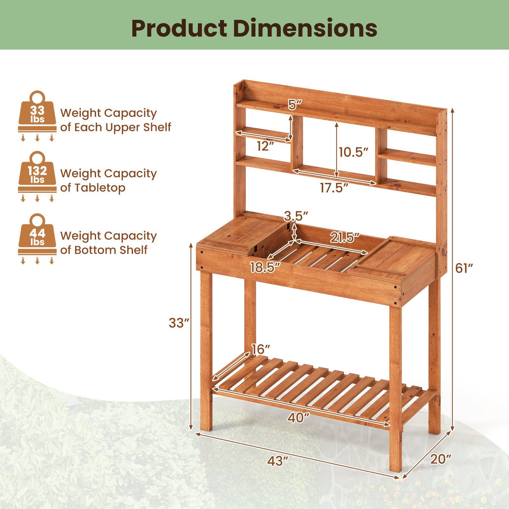 Wooden Potting Bench Table 61" Garden Planting Workstation with 3-Tier Open Shelf-Brown - Cheeky Garden