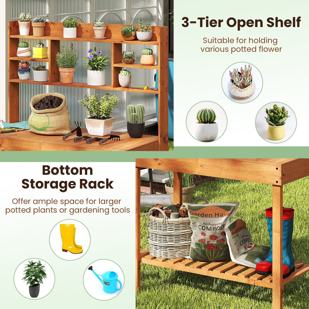 Wooden Potting Bench Table 61" Garden Planting Workstation with 3-Tier Open Shelf-Brown - Cheeky Garden