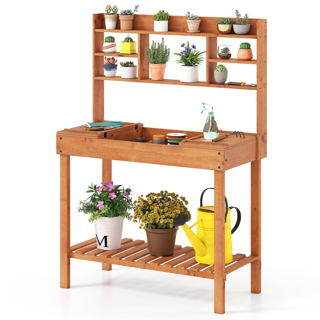 Wooden Potting Bench Table 61" Garden Planting Workstation with 3-Tier Open Shelf-Brown - Cheeky Garden