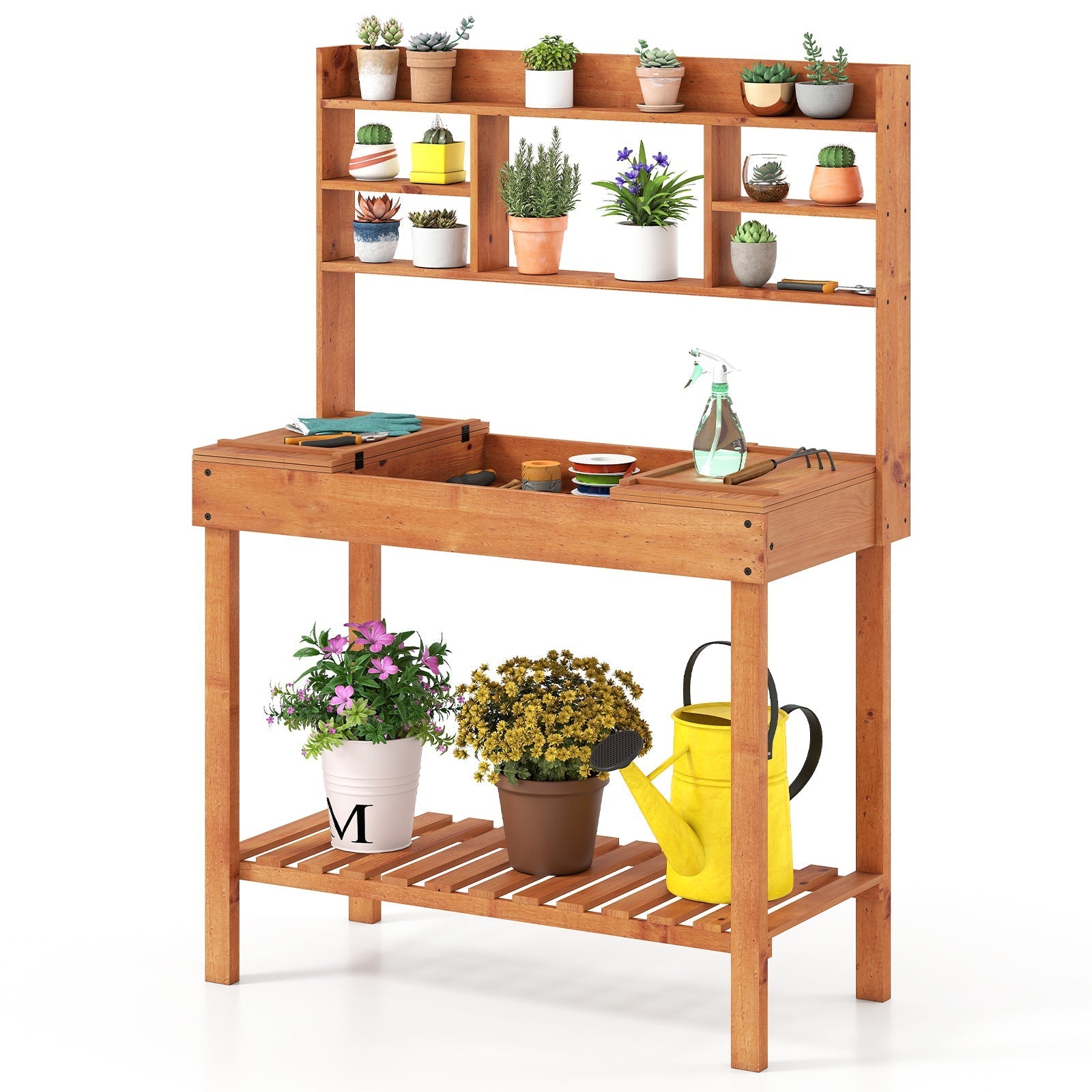Wooden Potting Bench Table 61" Garden Planting Workstation with 3-Tier Open Shelf-Brown - Cheeky Garden