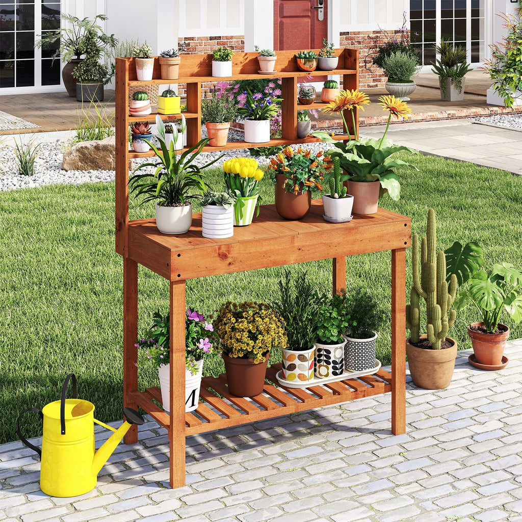 Wooden Potting Bench Table 61" Garden Planting Workstation with 3-Tier Open Shelf-Brown - Cheeky Garden