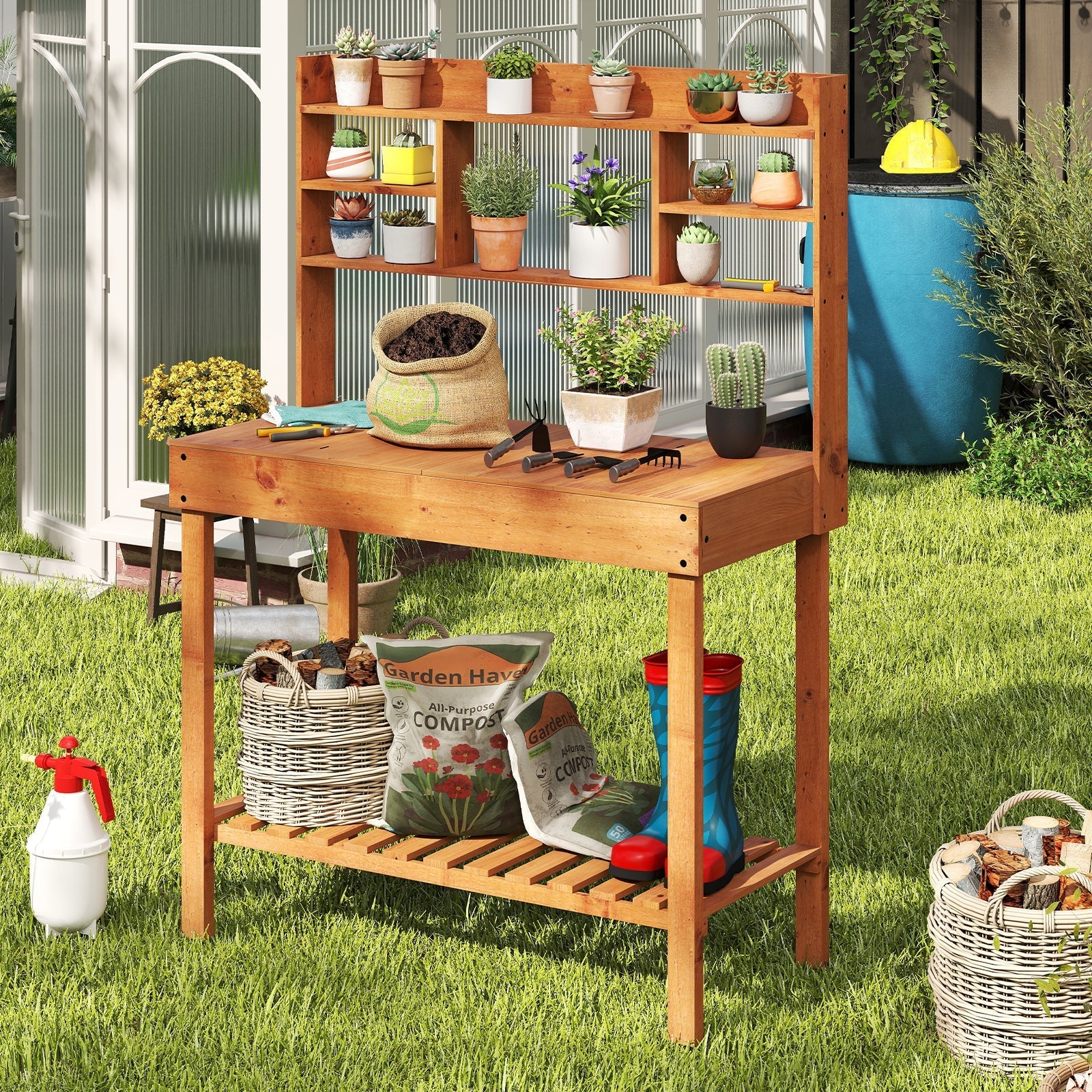 Wooden Potting Bench Table 61" Garden Planting Workstation with 3-Tier Open Shelf-Brown - Cheeky Garden