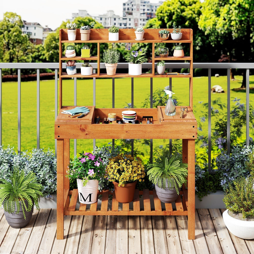 Wooden Potting Bench Table 61" Garden Planting Workstation with 3-Tier Open Shelf-Brown - Cheeky Garden