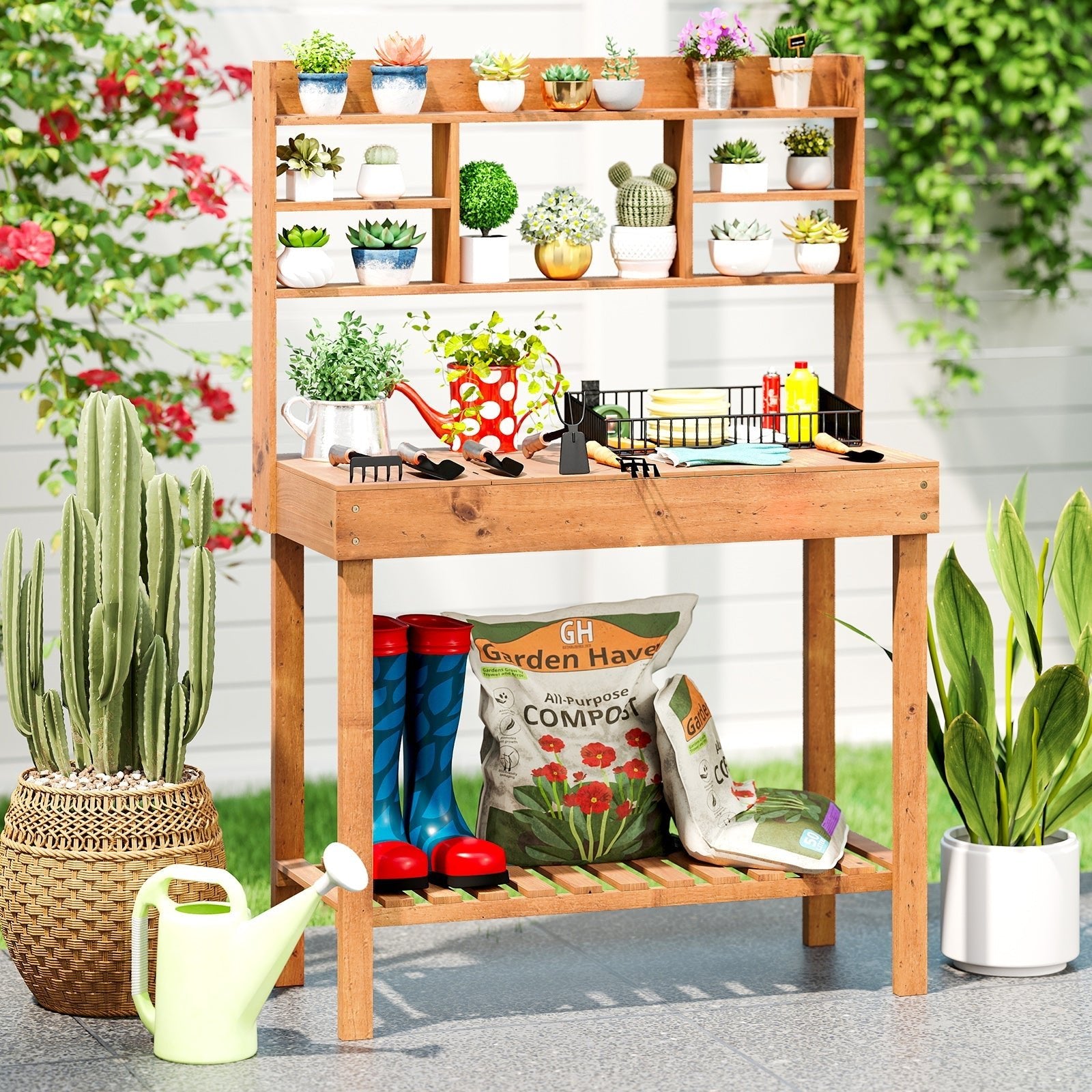 Wooden Potting Bench Table Garden Planting Workstation with 3-Tier Open Shelf - Cheeky Garden
