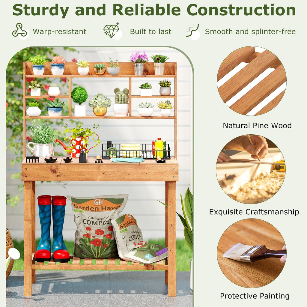 Wooden Potting Bench Table Garden Planting Workstation with 3-Tier Open Shelf - Cheeky Garden