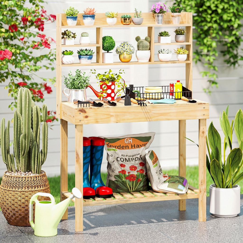 Wooden Potting Bench Table Garden Planting Workstation with 3-Tier Open Shelf - Cheeky Garden