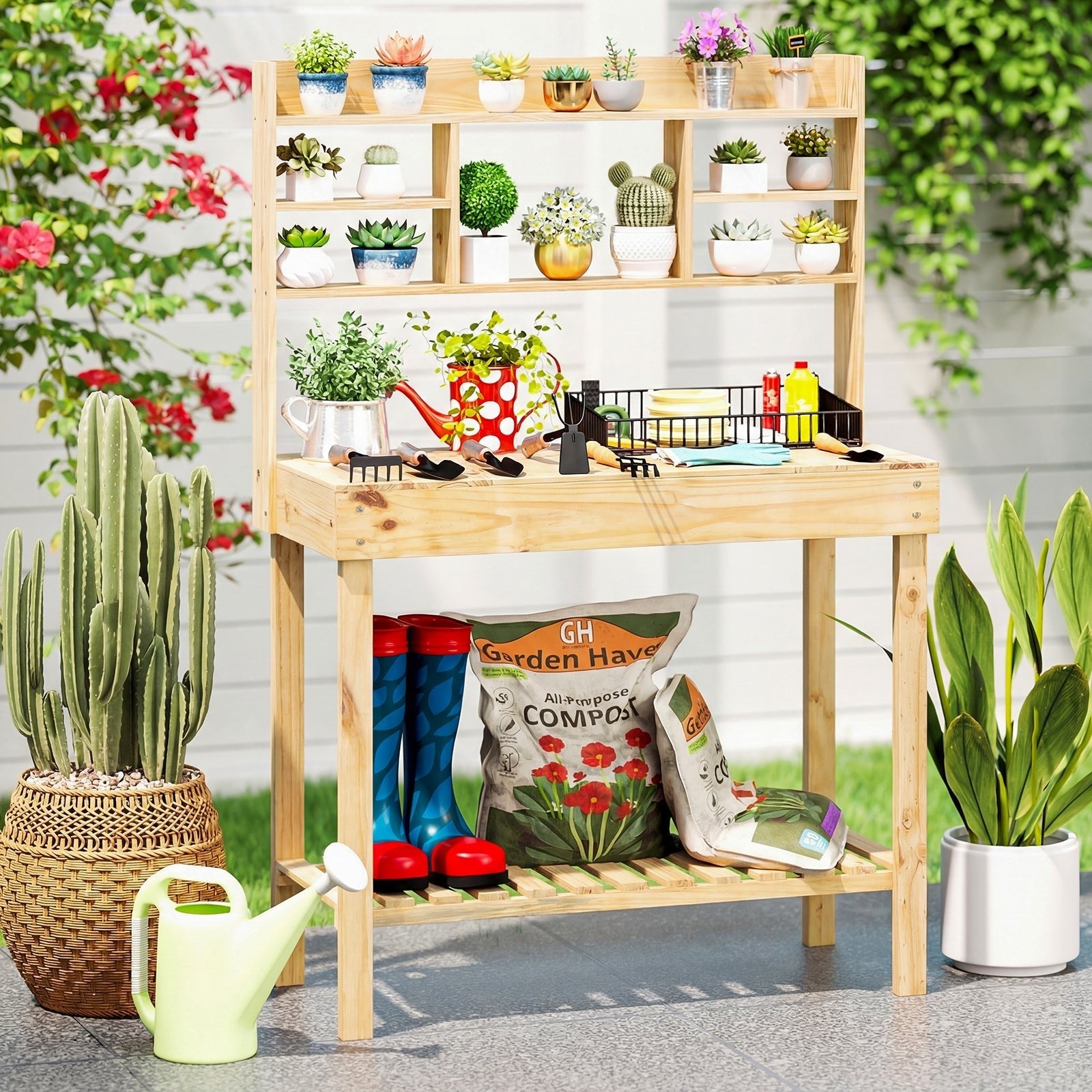 Wooden Potting Bench Table Garden Planting Workstation with 3-Tier Open Shelf - Cheeky Garden