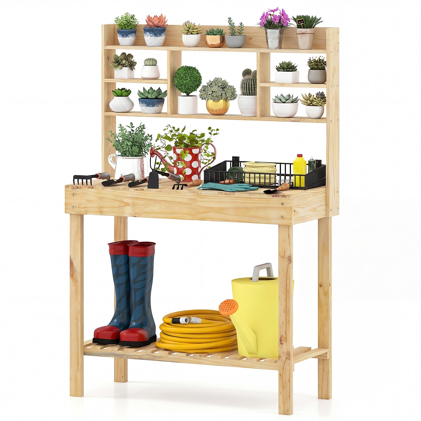 Wooden Potting Bench Table Garden Planting Workstation with 3-Tier Open Shelf - Cheeky Garden