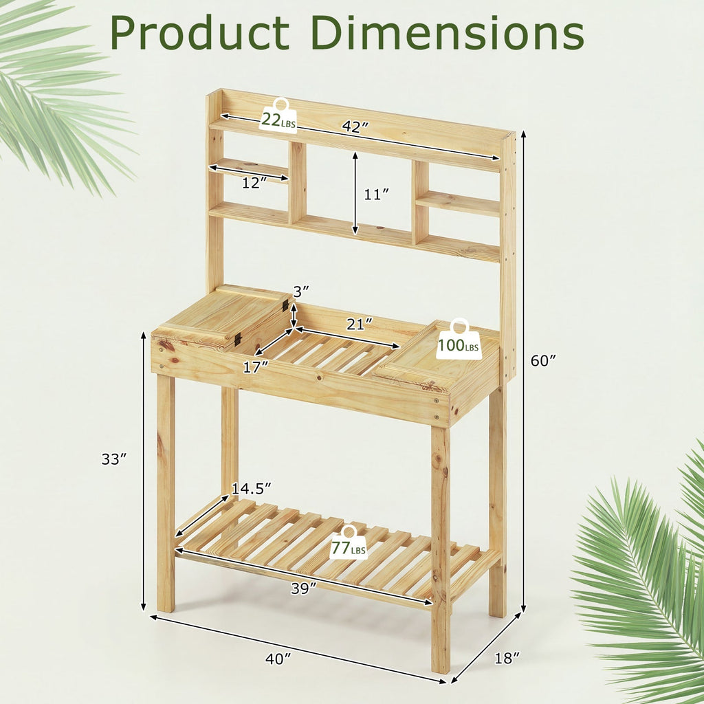Wooden Potting Bench Table Garden Planting Workstation with 3-Tier Open Shelf - Cheeky Garden
