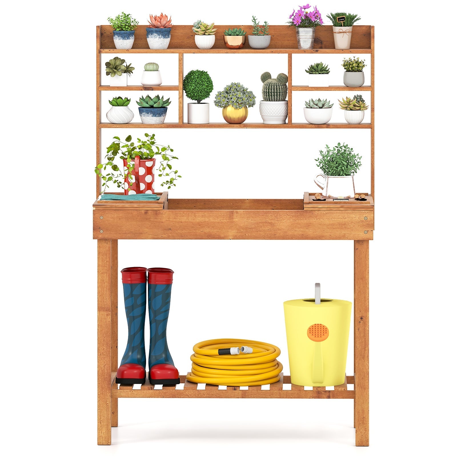 Wooden Potting Bench Table Garden Planting Workstation with 3-Tier Open Shelf - Cheeky Garden