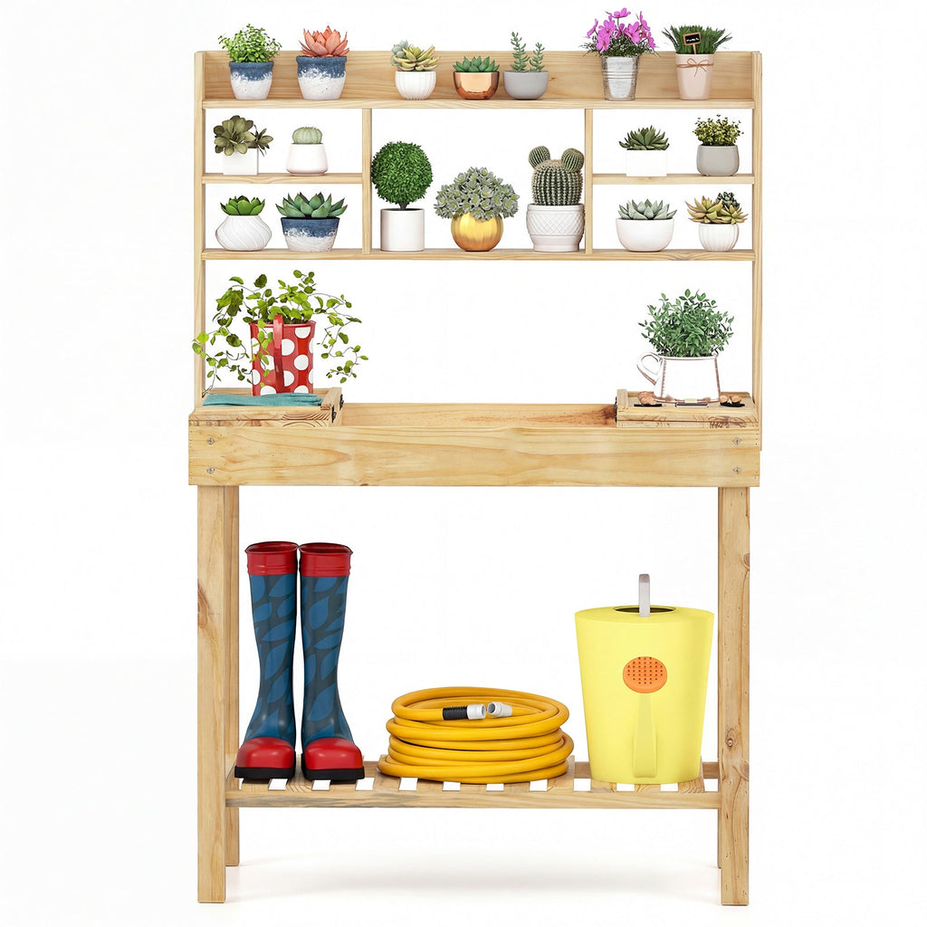 Wooden Potting Bench Table Garden Planting Workstation with 3-Tier Open Shelf - Cheeky Garden