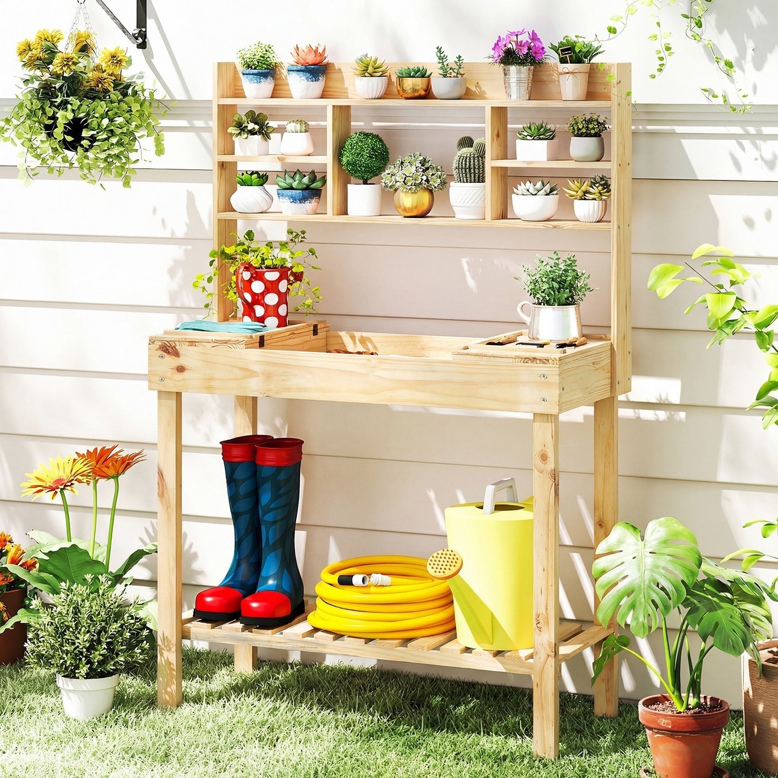 Wooden Potting Bench Table Garden Planting Workstation with 3-Tier Open Shelf - Cheeky Garden
