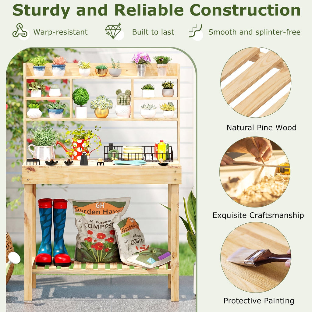 Wooden Potting Bench Table Garden Planting Workstation with 3-Tier Open Shelf - Cheeky Garden