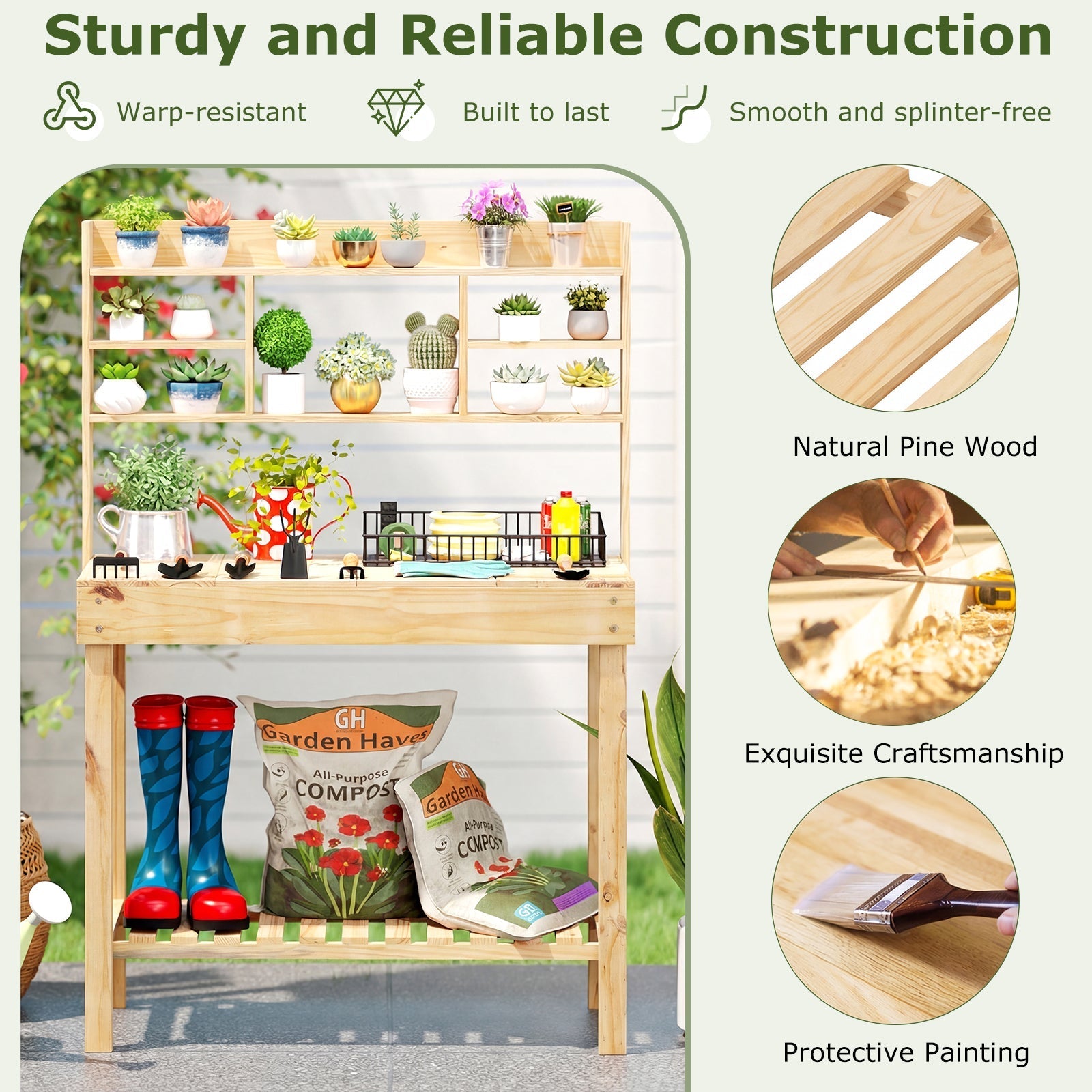 Wooden Potting Bench Table Garden Planting Workstation with 3-Tier Open Shelf - Cheeky Garden