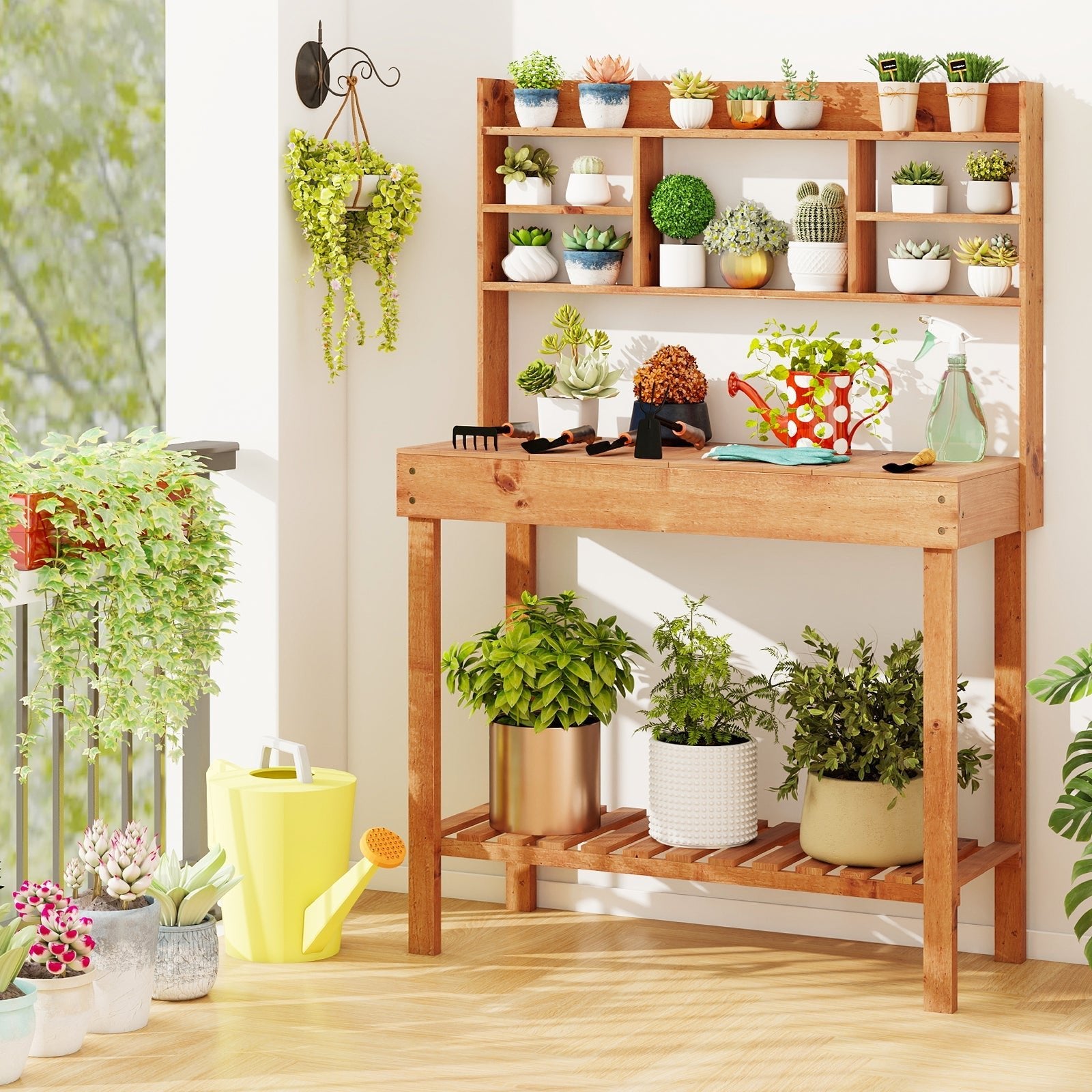 Wooden Potting Bench Table Garden Planting Workstation with 3-Tier Open Shelf - Cheeky Garden